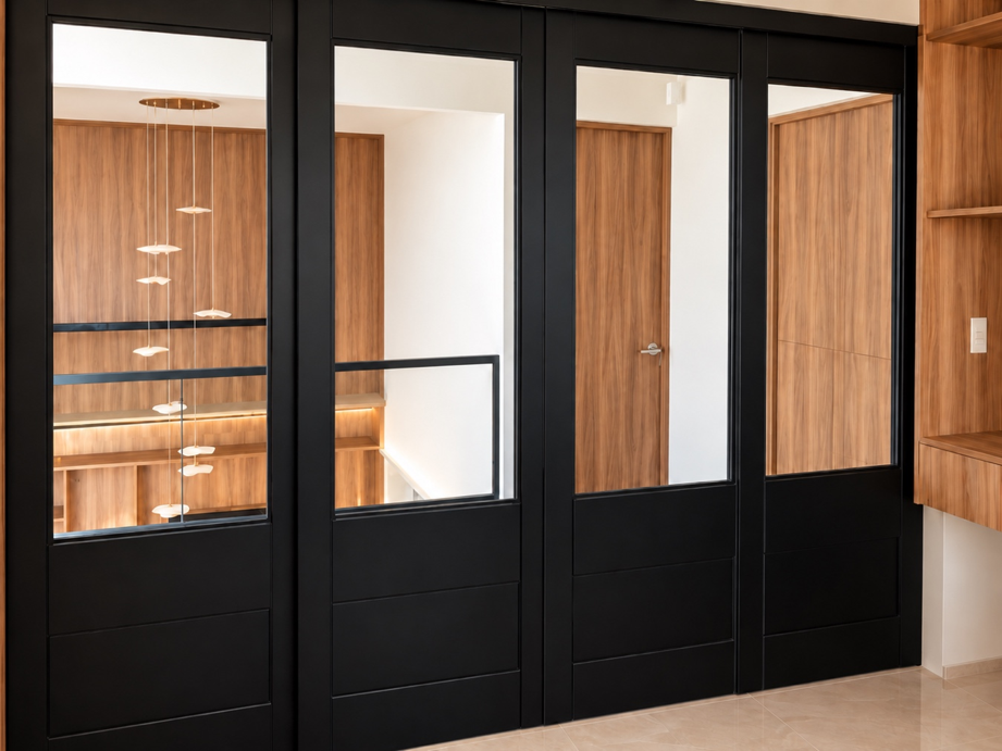 Puertas de vidrio y aluminio en carpintería integradas con madera