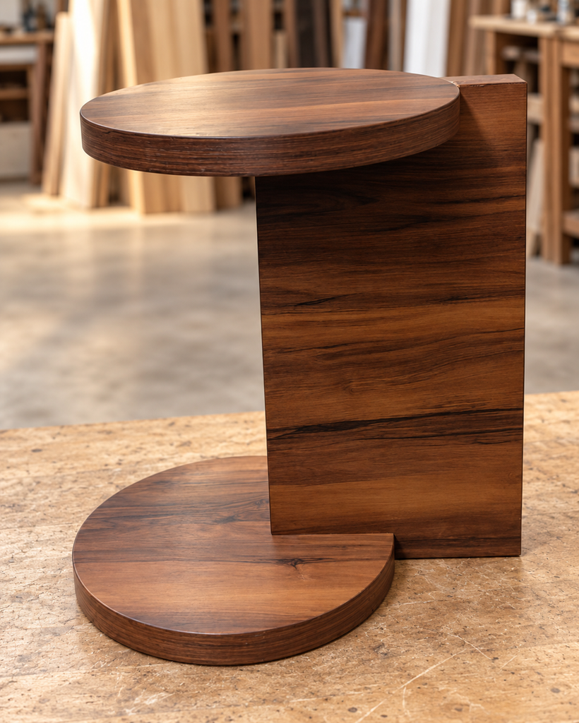 Pieza de madera con geometría personalizada mediante CNC en carpintería
